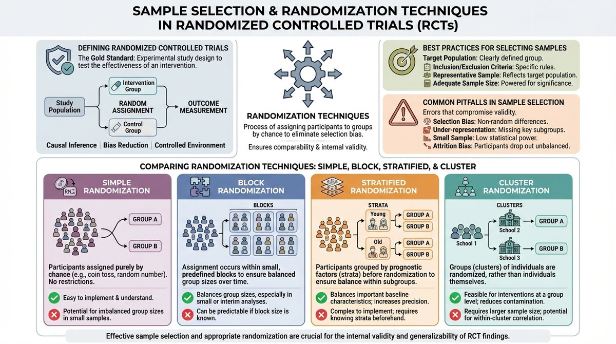 Infographic comparing different randomization techniques used in randomized controlled trials.