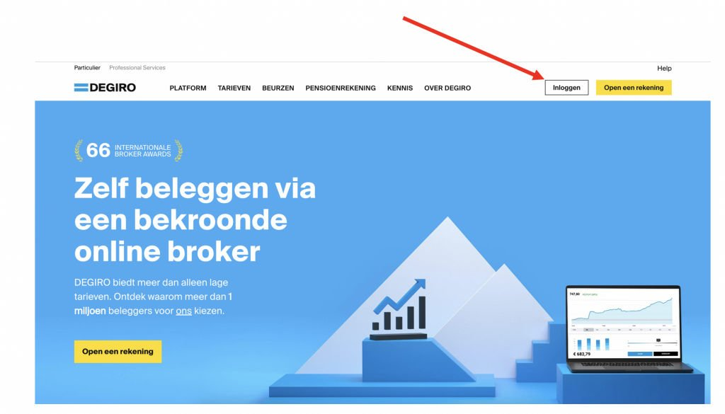 Screenshot van DEGIRO met pijl naar de knop 'Inloggen' als startpunt om een inde