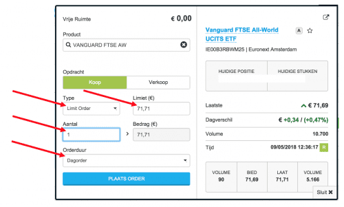 DEGIRO ordervenster met velden voor ordertype (limiet), limietprijs, aantal en o