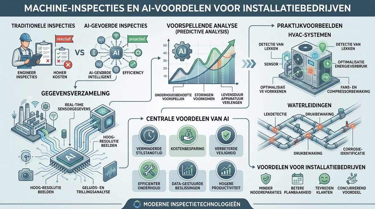 Infographic die de voordelen van AI in machine-inspecties toont, inclusief gegevensverzameling en voorspellende analyse.