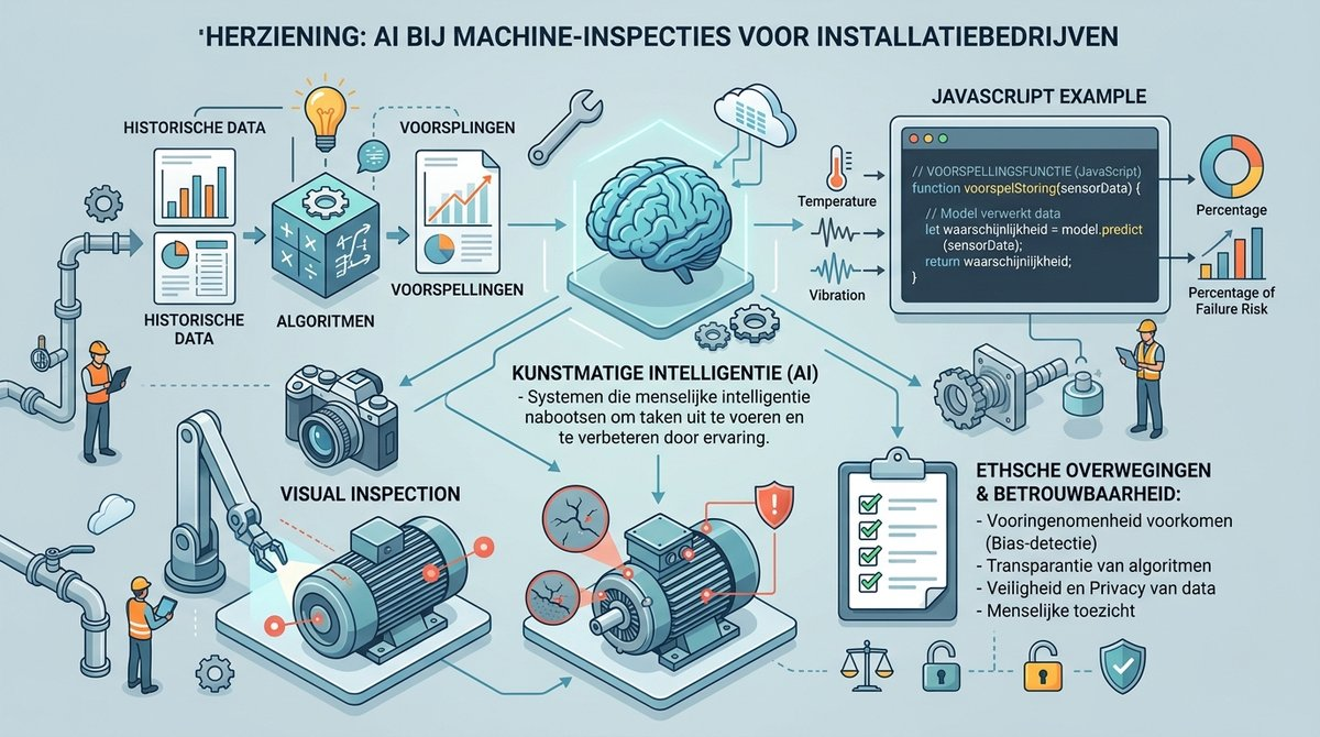 Infographic die de toepassingen van AI in machine-inspecties samenvat, inclusief voorspellend onderhoud en visuele inspectie.
