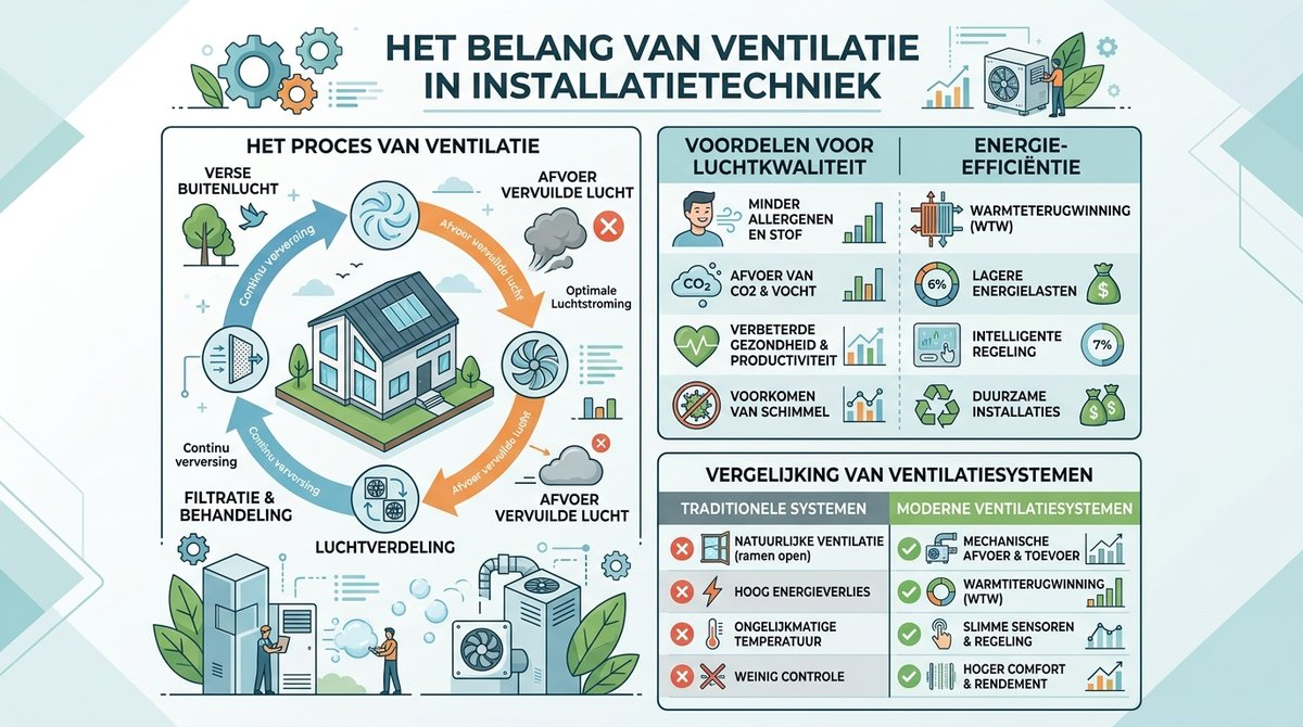 Infographic die het verschil tussen traditionele en moderne ventilatiesystemen toont, inclusief aspecten zoals luchtverversing en energie-efficiëntie.