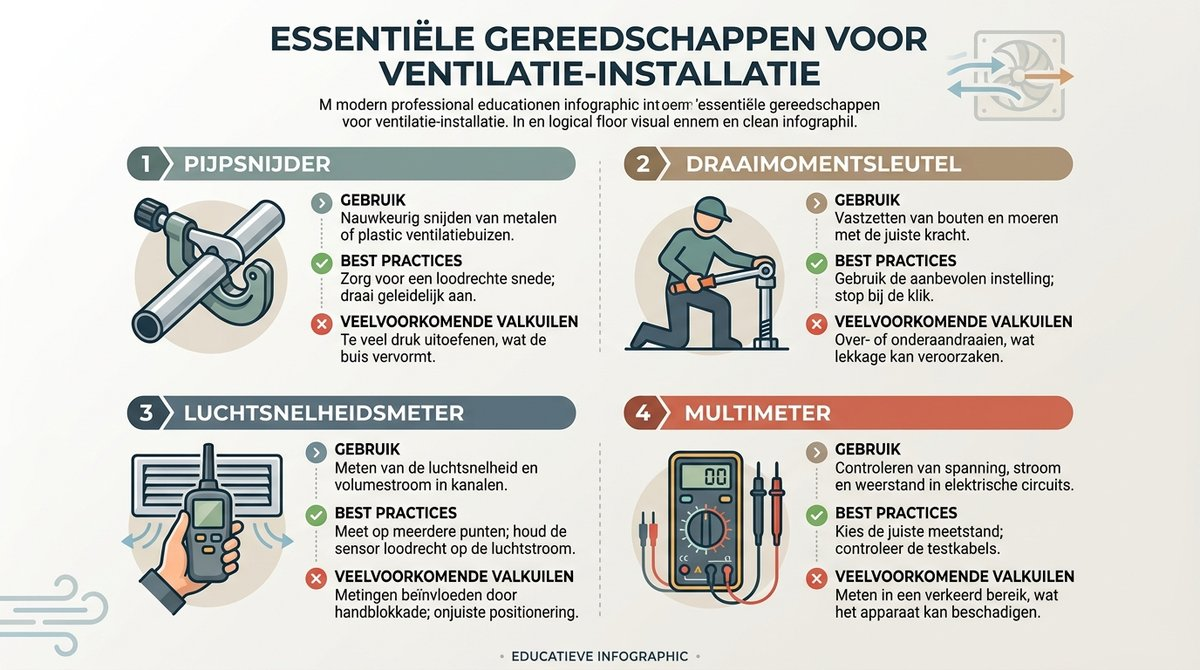 Infographic met essentiële gereedschappen voor ventilatie-installatie, inclusief gebruik, best practices en valkuilen.