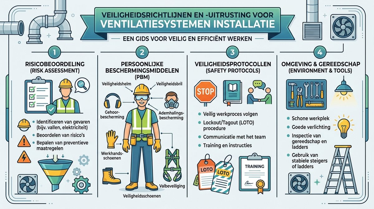 Infographic met essentiële veiligheidsbegrippen en best practices voor het installeren van ventilatiesystemen.
