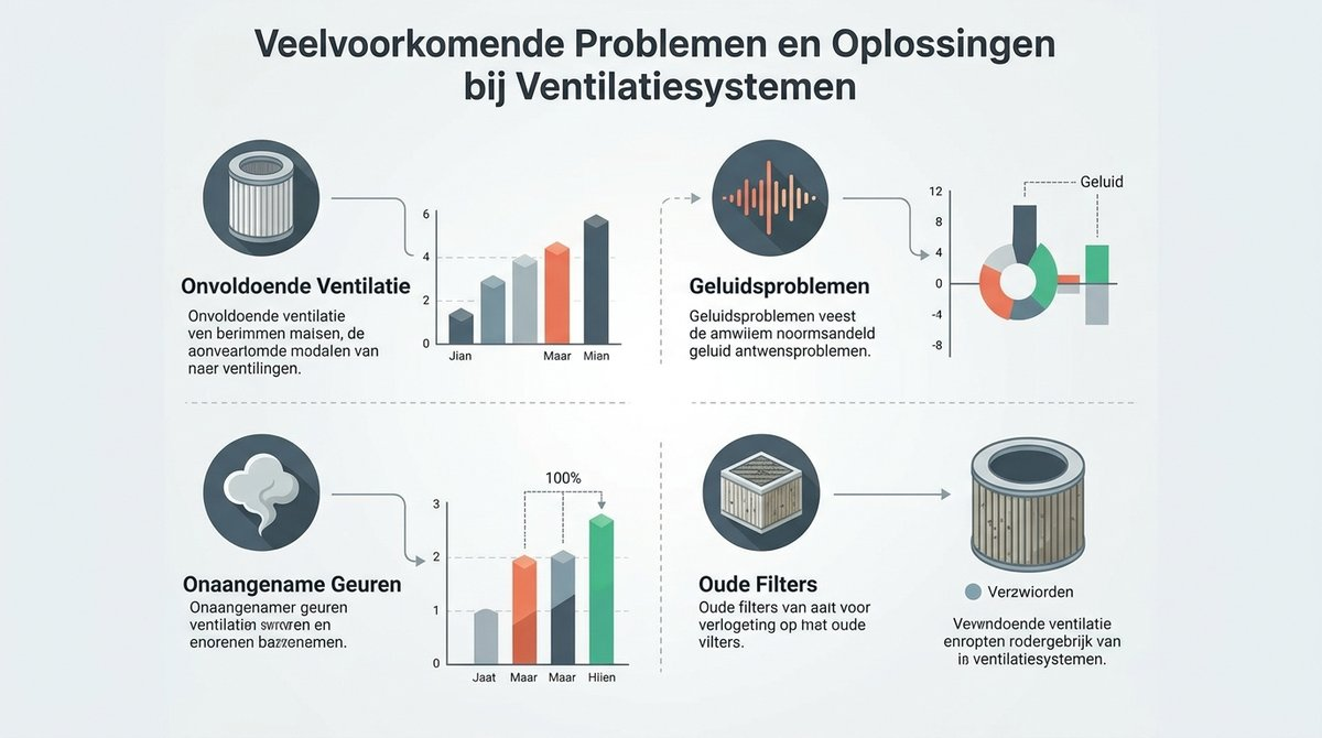 Infographic met veelvoorkomende problemen bij ventilatiesystemen en hun oplossingen