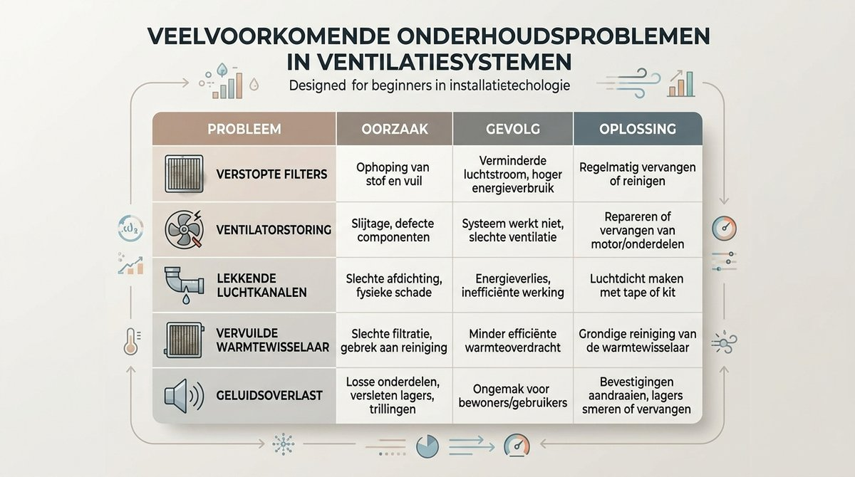 Infographic die veelvoorkomende onderhoudsproblemen in ventilatiesystemen en hun oplossingen samenvat.