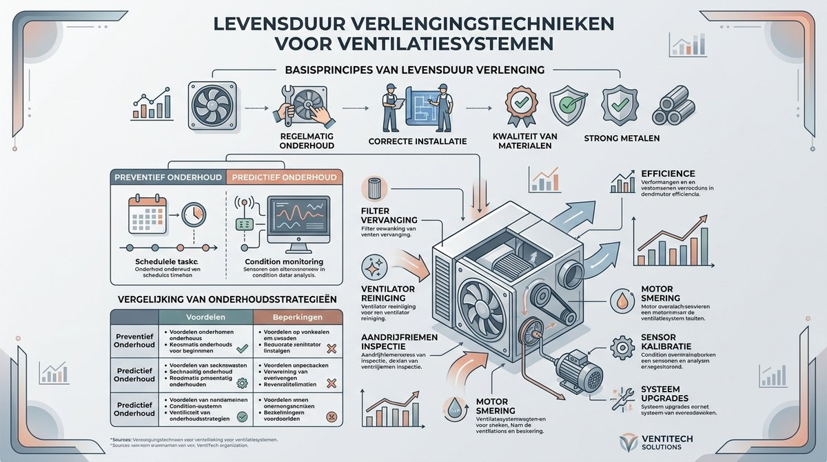 Infographic die de vergelijking van preventief en predictief onderhoud voor ventilatiesystemen weergeeft.