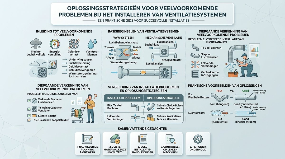 Infographic die veelvoorkomende installatieproblemen en hun oplossingsstrategieën voor ventilatiesystemen weergeeft.