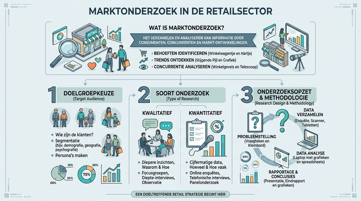 Infographic die de stappen en keuzes in marktonderzoek in de retailsector weergeeft.
