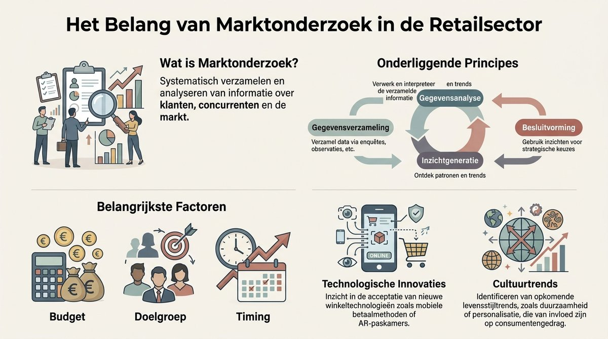 Infographic die de belangrijkste factoren van marktonderzoek in de retailsector samenvat