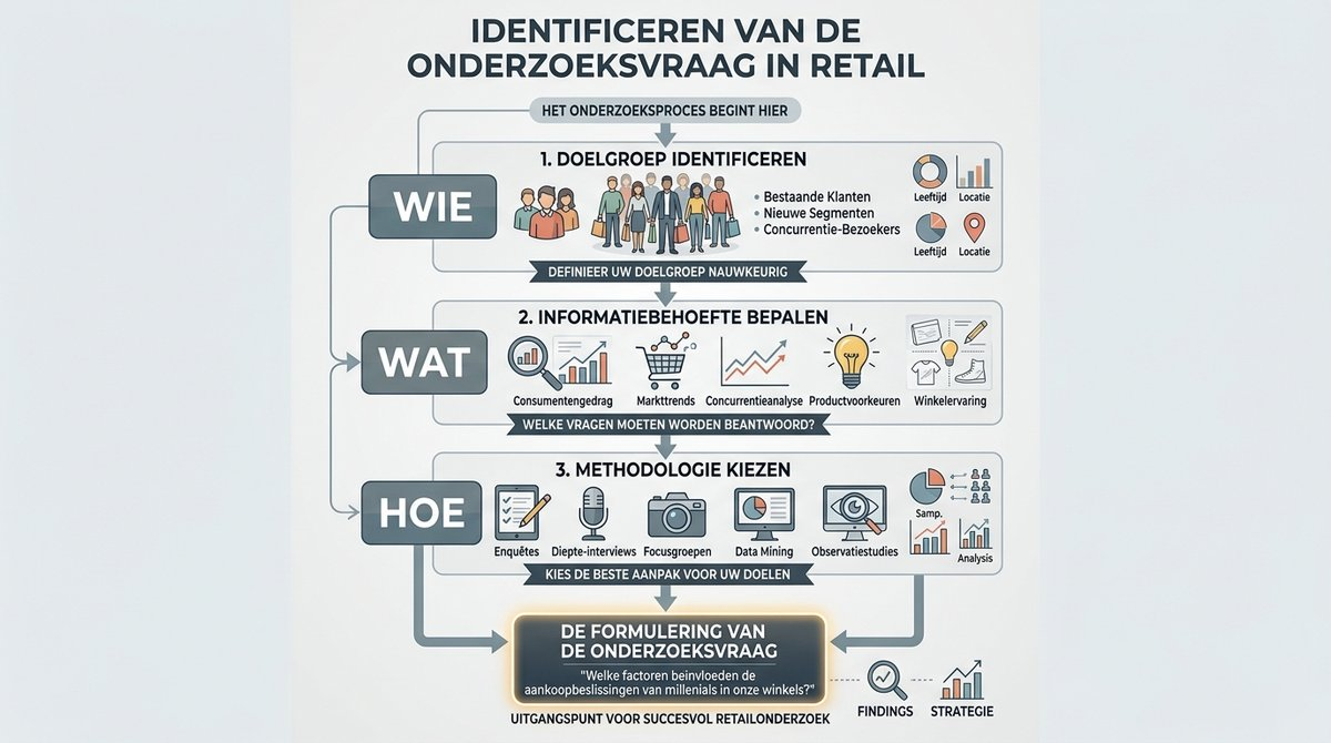 Infographic die de drie fundamentele keuzes bij het formuleren van een onderzoeksvraag in de retailsector illustreert.
