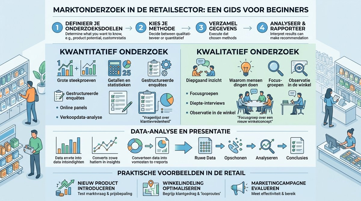 Infographic die de stappen van marktonderzoek en de verschillen tussen kwalitatief en kwantitatief onderzoek illustreert.
