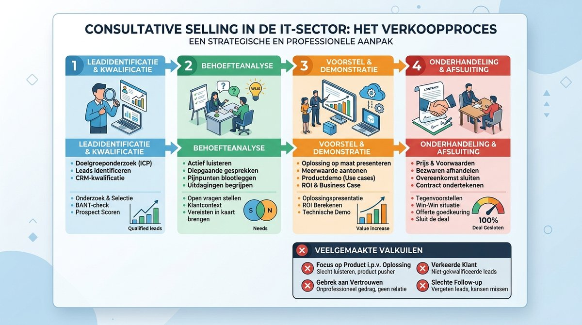 Infographic die de fasen van het verkoopproces in de IT-sector illustreert.