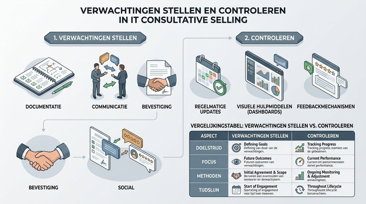 Infographic over de basisprincipes van het stellen en controleren van verwachtingen in IT-consultancy.