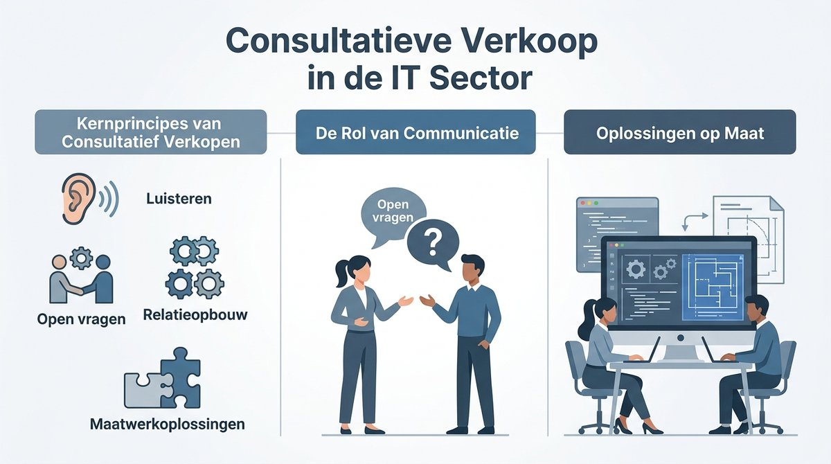 Infographic die de kernprincipes van consultatief verkopen in de IT-sector samenvat.