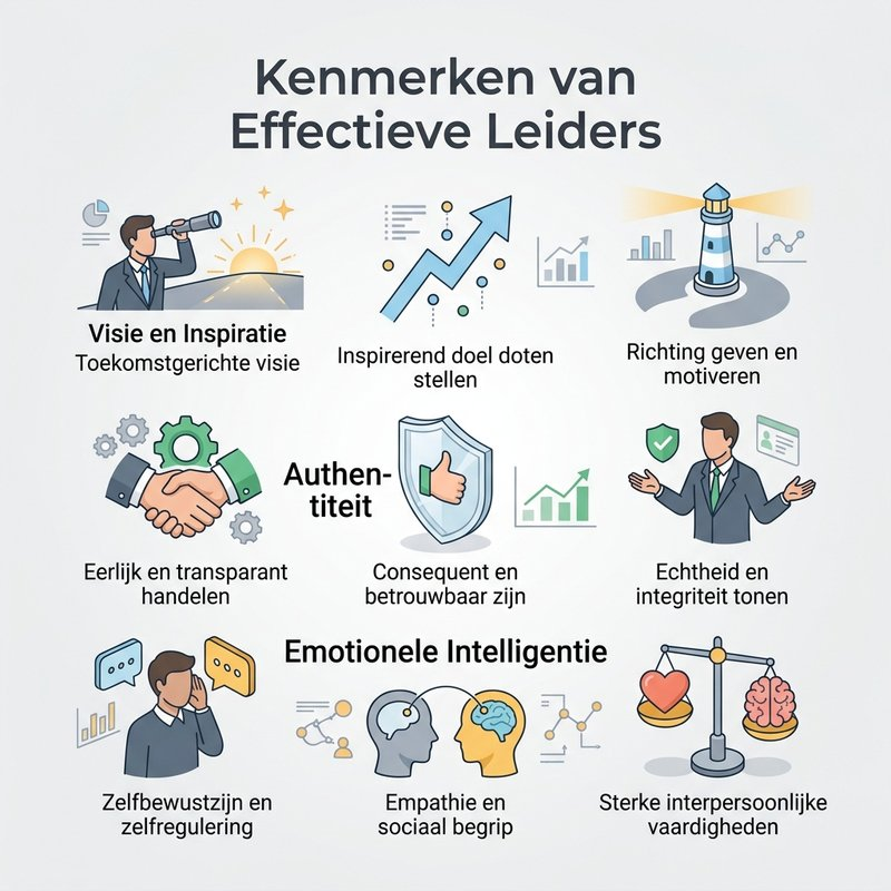 Diagram van de kenmerken van effectief leiderschap: visie, authenticiteit en emotionele intelligentie.