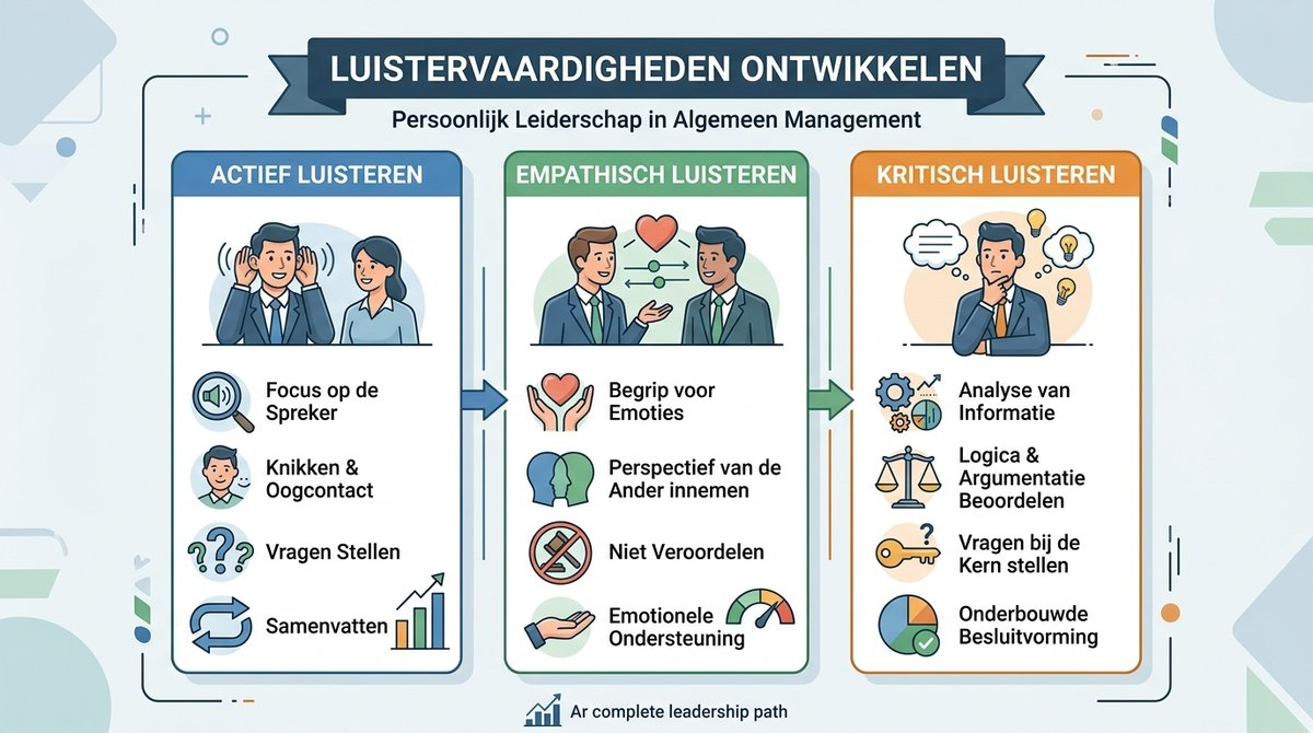 Infographic die de drie soorten luistervaardigheden in management visualiseert: actief, empathisch en kritisch luisteren.