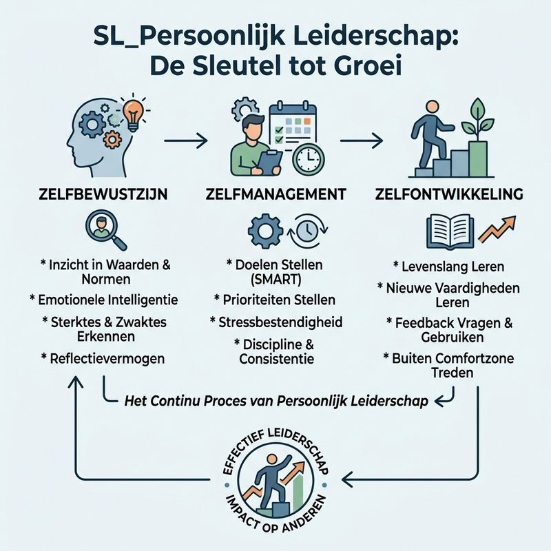 Diagram van de belangrijke elementen van persoonlijk leiderschap: zelfbewustzijn, zelfmanagement en zelfontwikkeling.