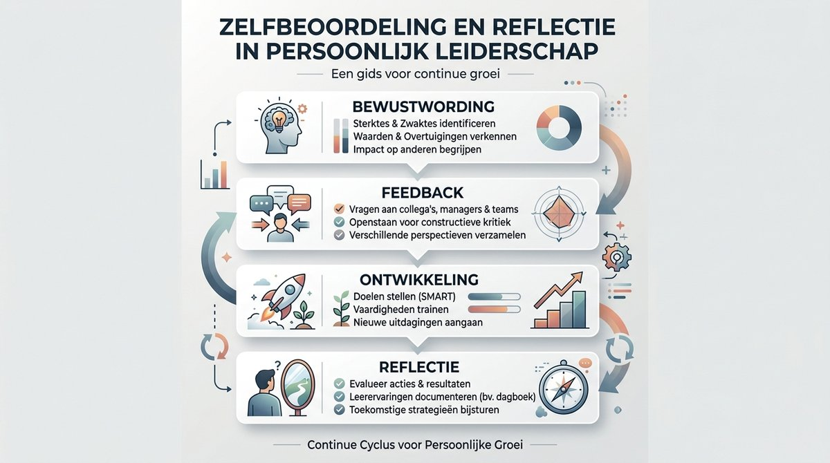 Infographic met de vier stappen van zelfbeoordeling en reflectie in persoonlijk leiderschap.