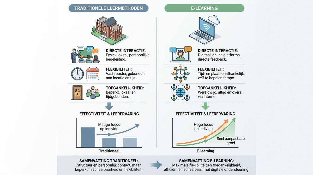 Infographic die de kosten en implementatie van traditionele leermethoden versus e-learning vergelijkt.