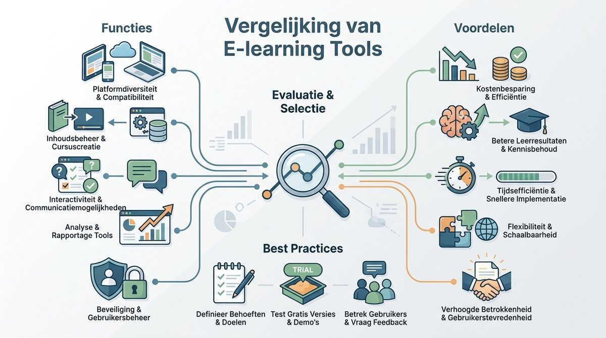 Infographic die de vergelijking van verschillende e-learning tools en hun kenmerken toont.