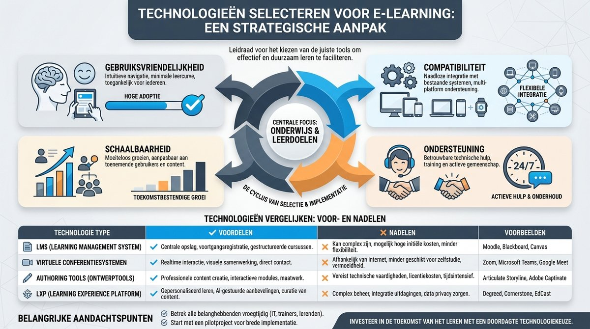 Infographic met kernbegrippen en principes voor het selecteren van technologieën voor e-learning