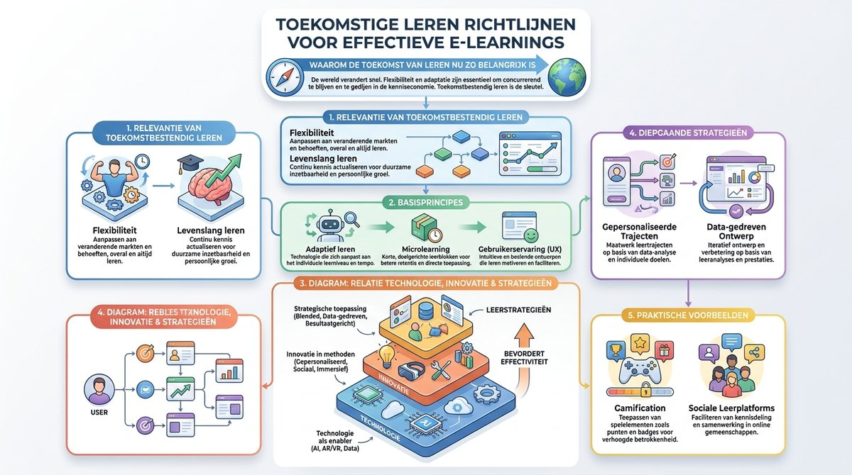 Infographic die de belangrijke principes van toekomstbestendig leren samenvat, zoals flexibiliteit, adaptief leren en levenslang leren.