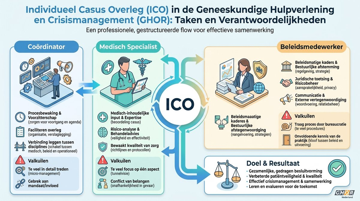 Infographic die de verschillende rollen en verantwoordelijkheden binnen het Individueel Casus Overleg in de GHOR weergeeft.