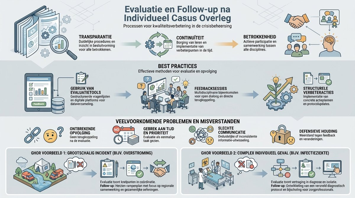 Infographic die de stappen van evaluatie en follow-up in de geneeskundige hulpverlening en crisismanagement samenvat.