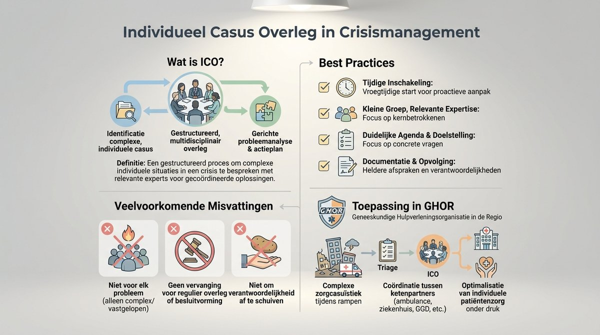 Infographic met best practices en veelvoorkomende valkuilen voor Individueel Casus Overleg in crisismanagement.