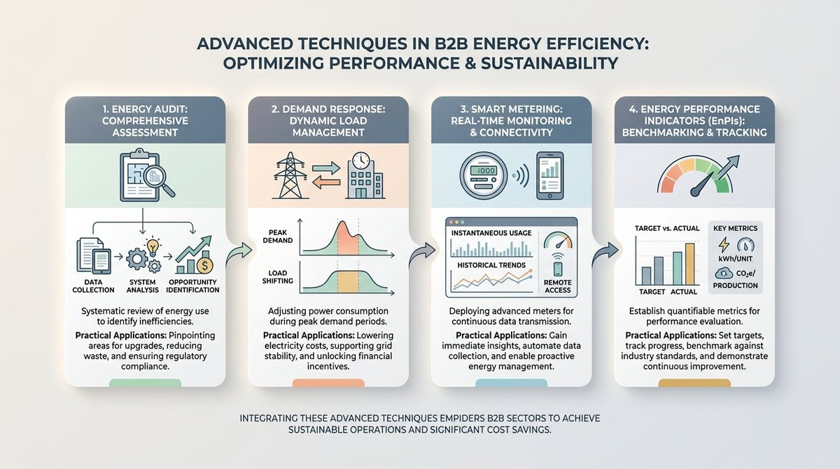 Infographic summarizing key concepts of Energy Management Systems including Energy Audits, Demand Response, Smart Metering, and Energy Performance Indicators.