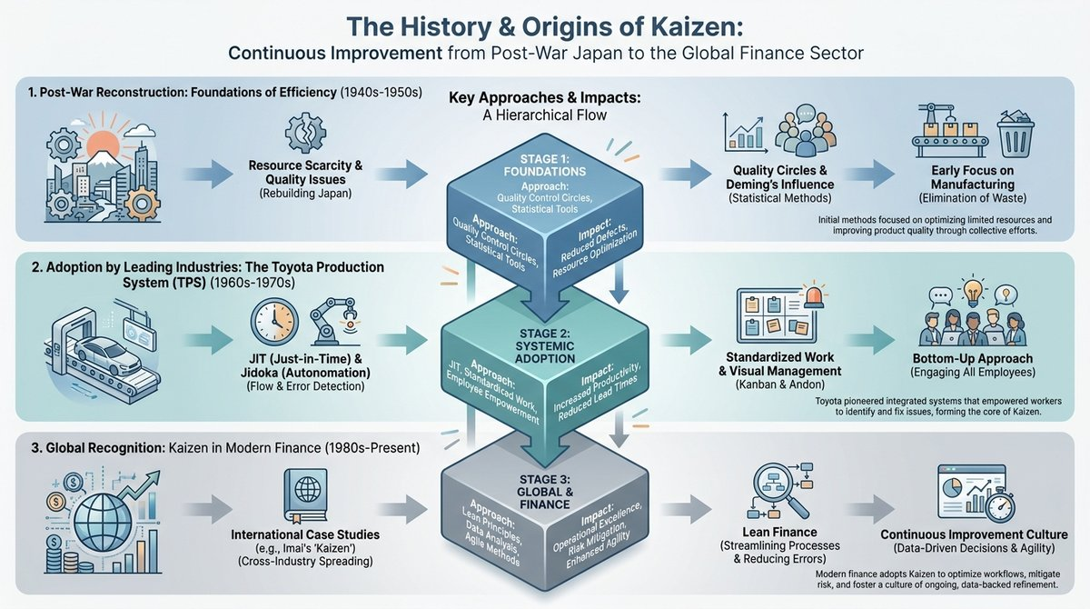 Infographic showing the historical progression of Kaizen in Japan, including key stages, approaches, and impacts.
