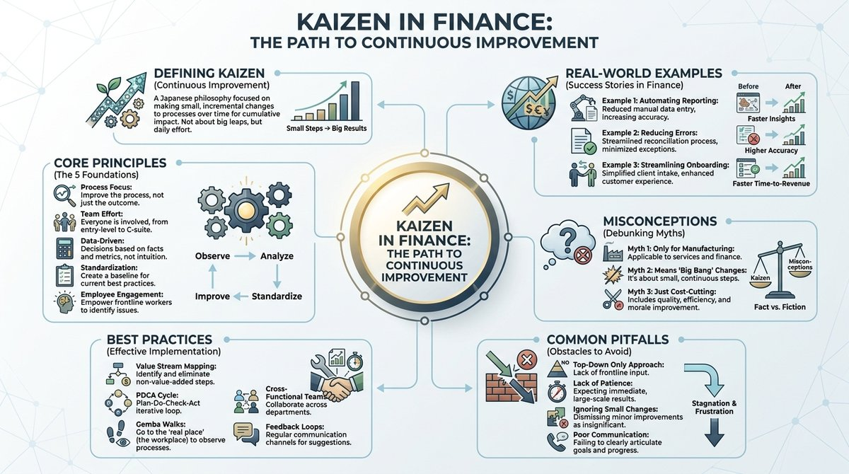 Infographic depicting the key principles of Kaizen in finance, including continuous improvement, employee involvement, standardization, and elimination of waste.