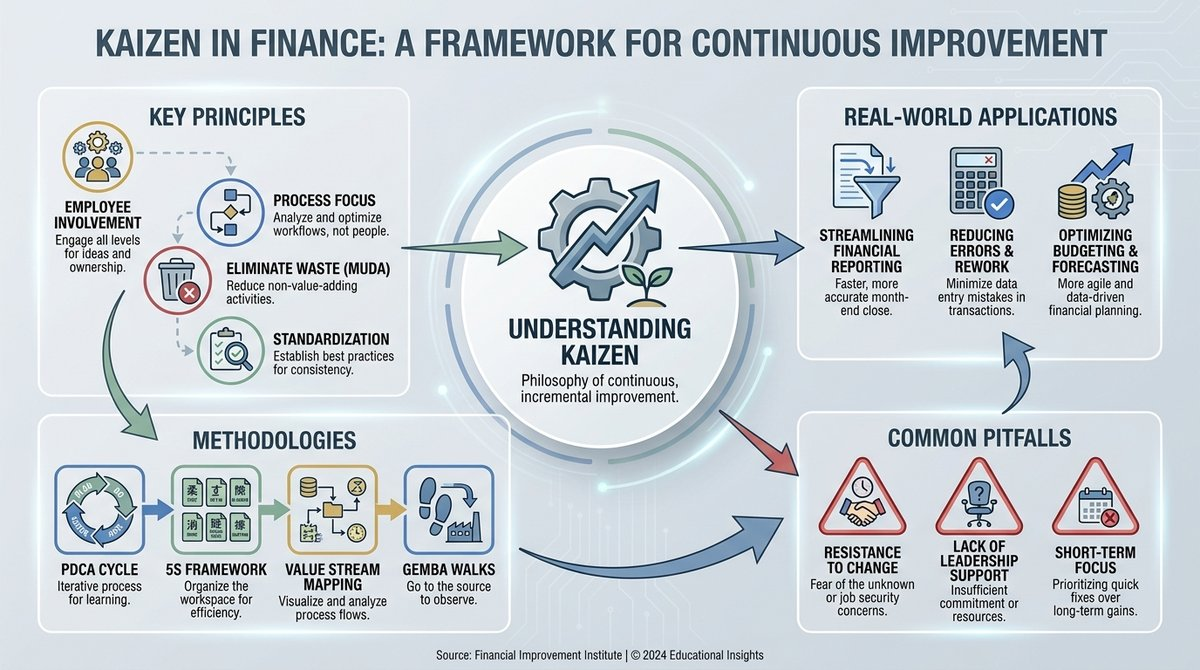 Infographic summarizing the key principles of Kaizen in finance, including continuous improvement, employee involvement, process focus, and data-driven decisions.