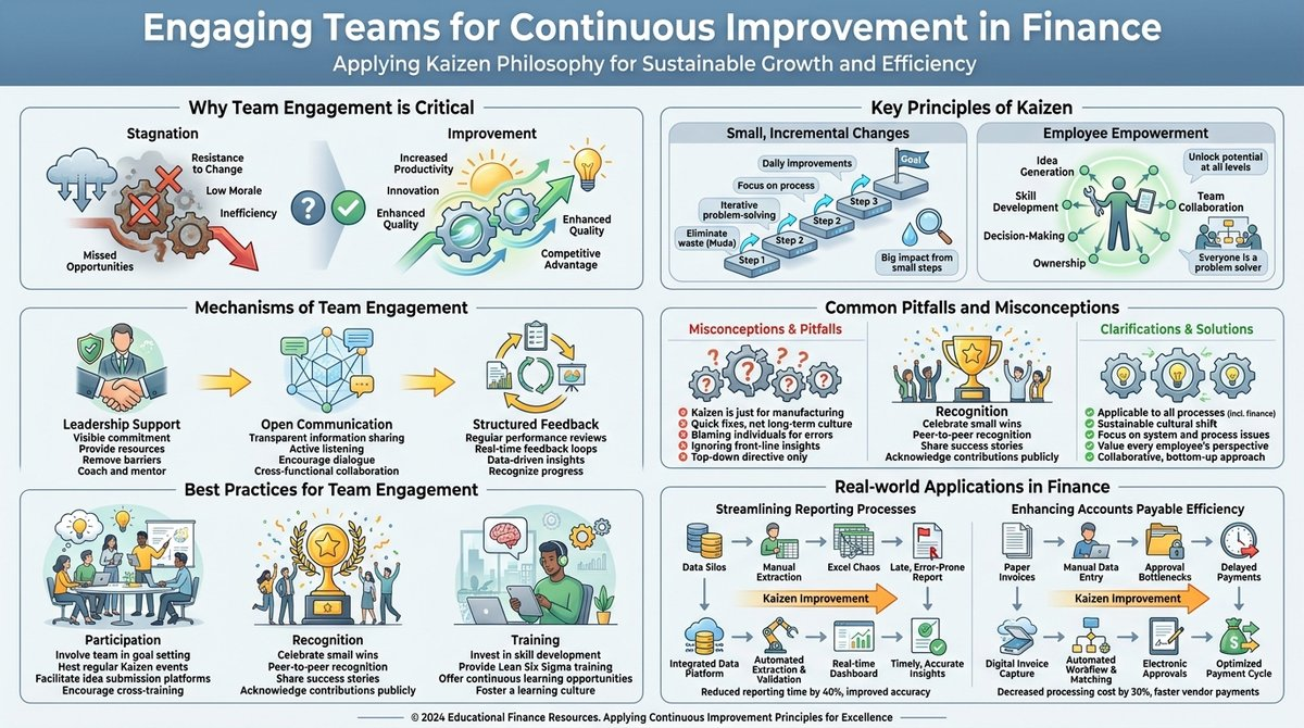 Infographic summarizing the key principles of Kaizen and mechanisms for team engagement in finance.