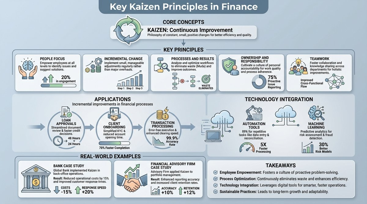 Infographic summarizing the key principles of Kaizen in finance, including people focus, incremental change, processes and results, ownership and responsibility, and teamwork.