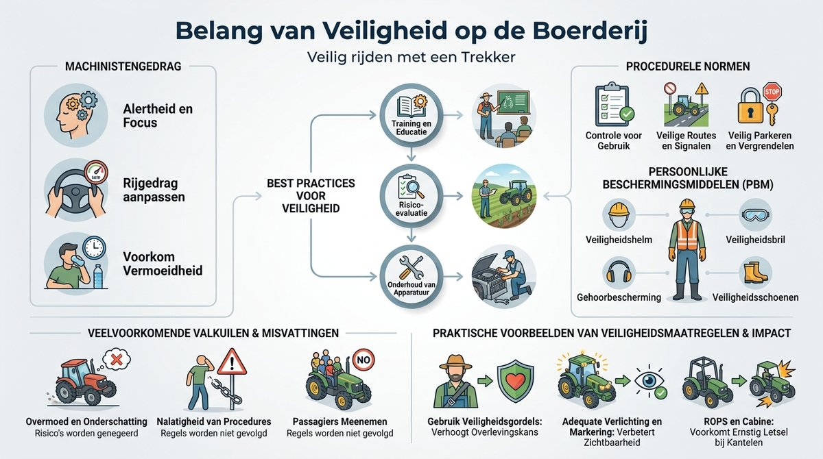 Infographic over basisprincipes van veiligheid op de boerderij met richtlijnen en best practices.