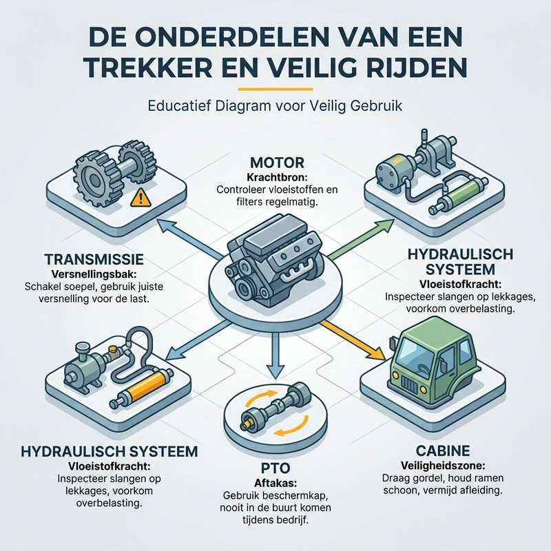Diagram van de onderdelen van een trekker met labels voor motor, transmissie, hydraulisch systeem, PTO en cabine.