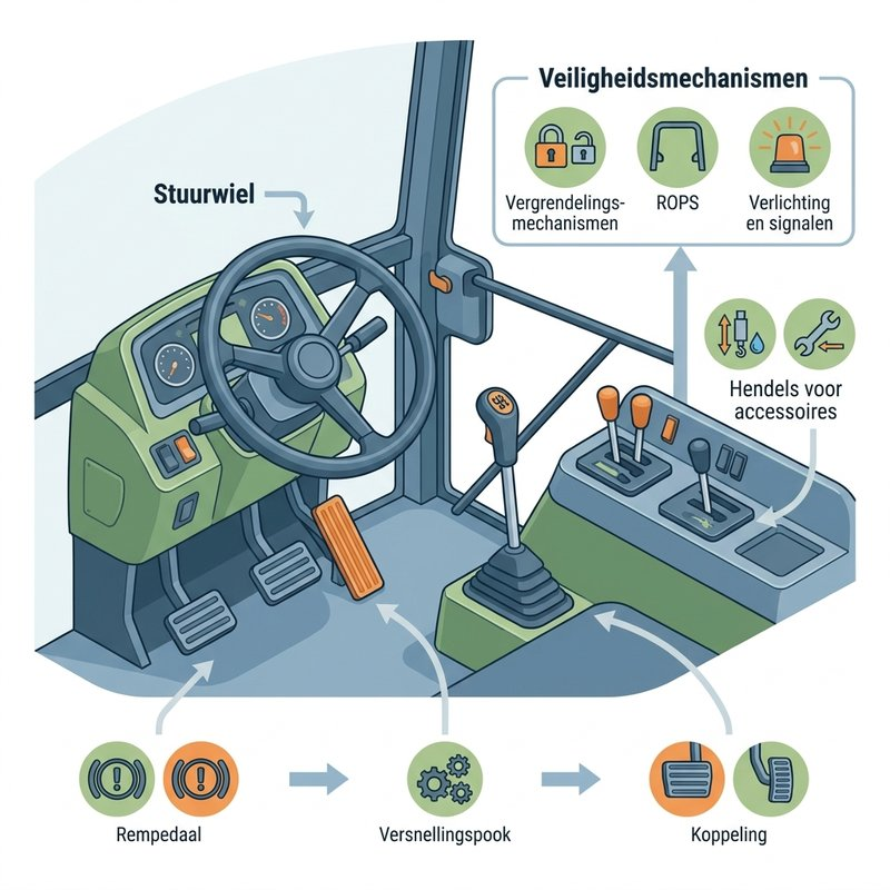 Diagram van de besturingsmechanismen van een trekker, inclusief stuurwiel, rempedaal, versnellingspook, koppeling en hendels voor accessoires.