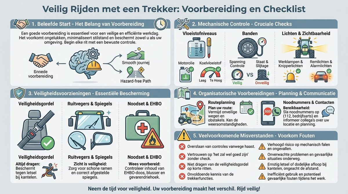 Infographic met een checklist voor de voorbereiding op het rijden met een trekker, inclusief mechanische controles en veiligheidsvoorzieningen.