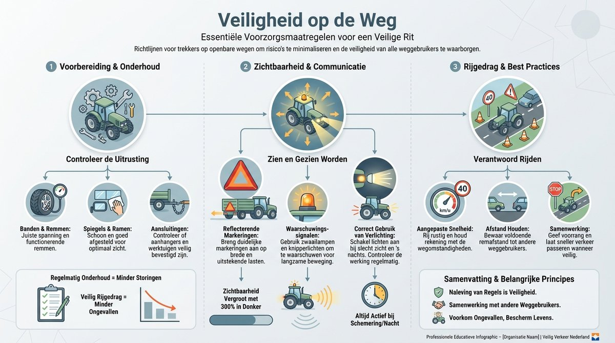Infographic met veiligheidsmaatregelen voor het rijden met een trekker, inclusief voordelen en beperkingen.