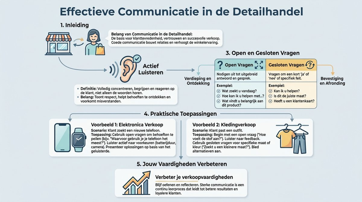 Infographic over communicatietechnieken en het verschil tussen open en gesloten vragen in de detailhandel.