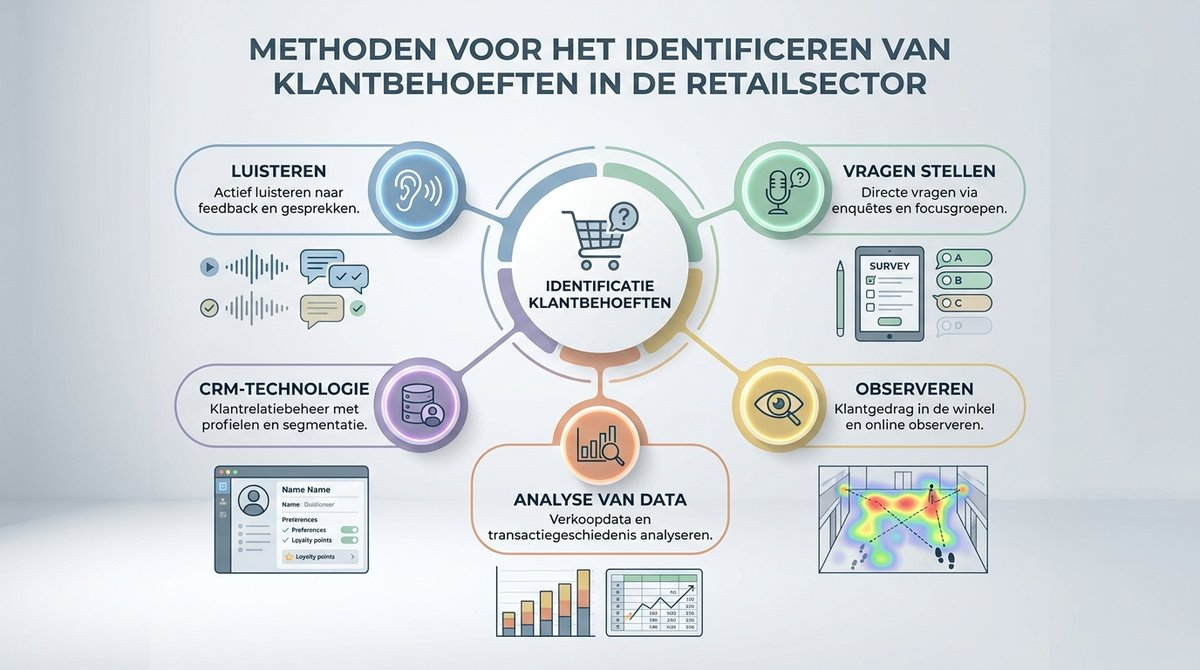 Infographic die de stapsgewijze aanpak voor het identificeren van klantbehoeften in de retailsector weergeeft.