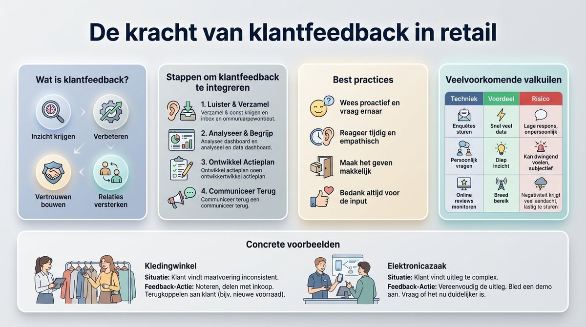 Infographic met de stappen voor het integreren van klantfeedback in verkoopgesprekken