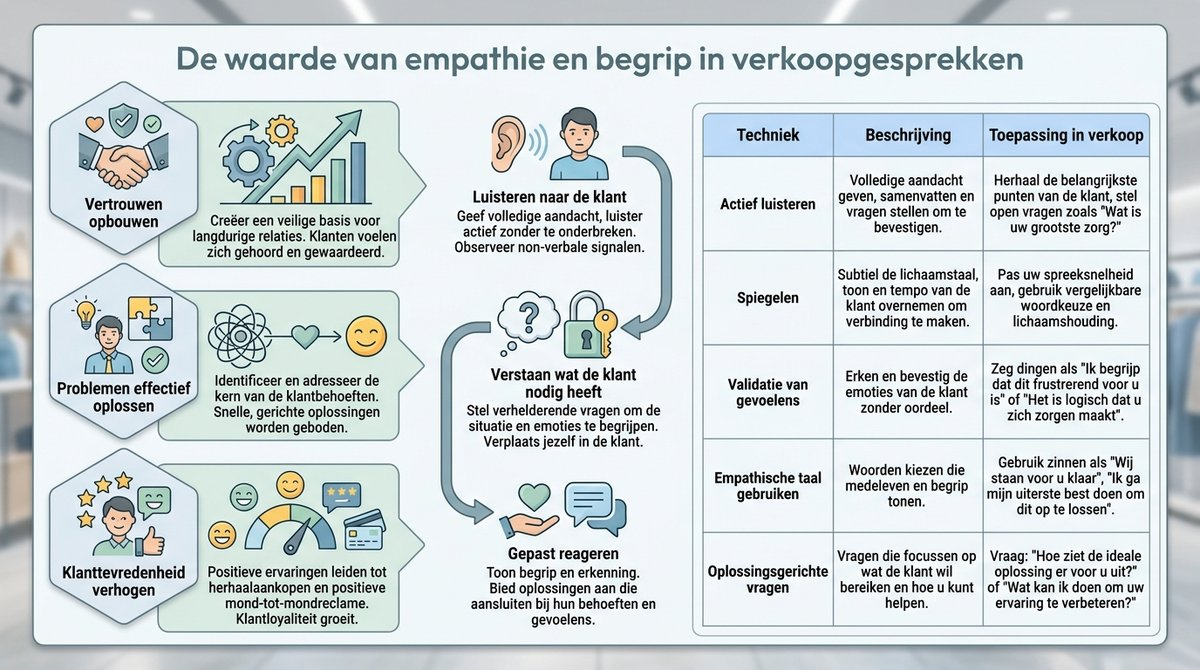 Infographic die de stappen van empathisch verkopen in de retailsector weergeeft.