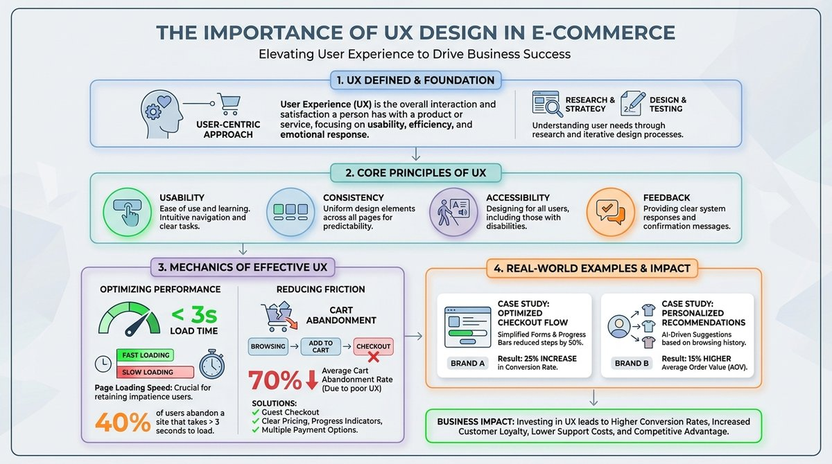 Infographic showing core principles of UX design in e-Commerce, including usability, consistency, accessibility, and feedback.
