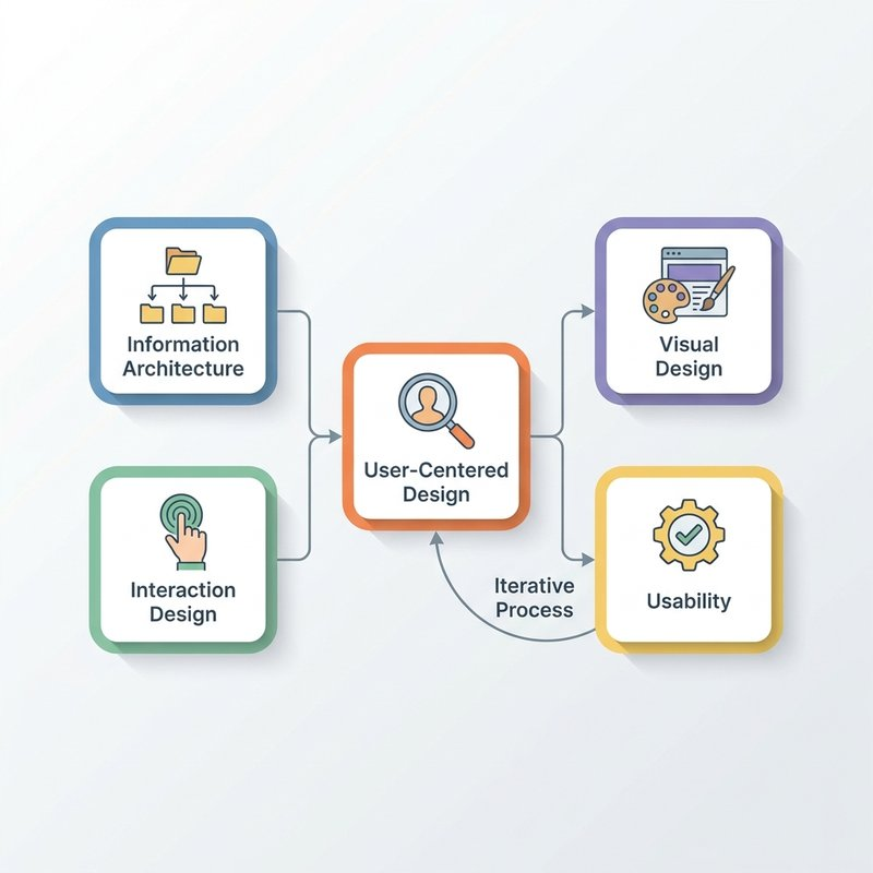 Diagram showing the key elements of User Experience design in e-Commerce, including User-Centered Design, Information Architecture, Interaction Design, Visual Design, and Usability.