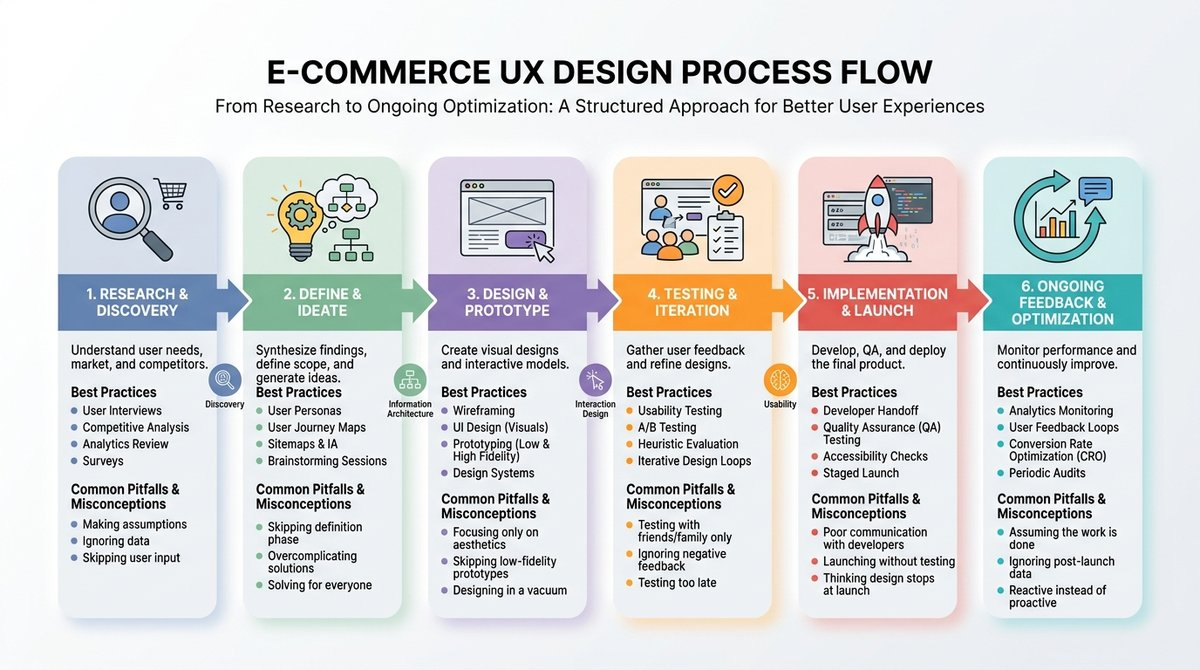 Infographic depicting the phases of the UX design process in e-Commerce, including Research and Discovery, Define and Ideate, Design and Prototype, Testing and Iteration, Implementation and Launch, and Ongoing Feedback and Optimization.
