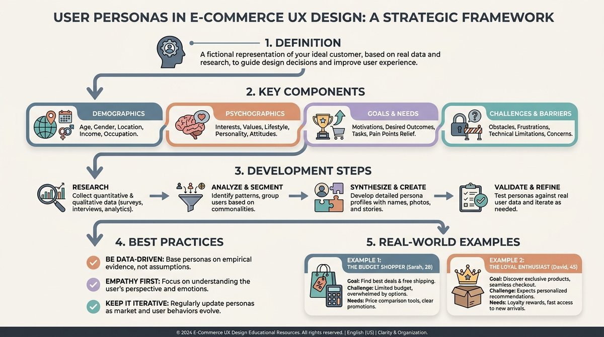 Infographic detailing the key components of user personas in e-Commerce UX design, including demographics, psychographics, goals, and challenges.