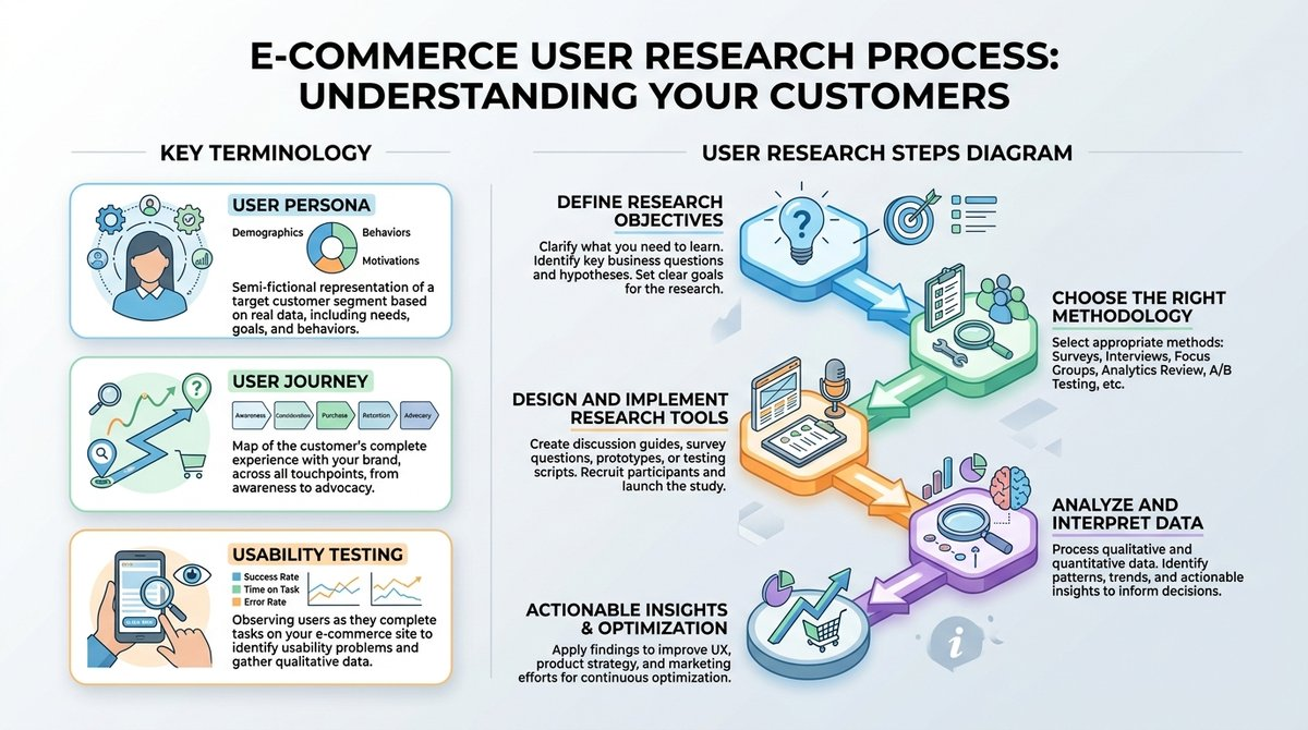Infographic comparing user research methods, highlighting their purposes, strengths, and limitations.